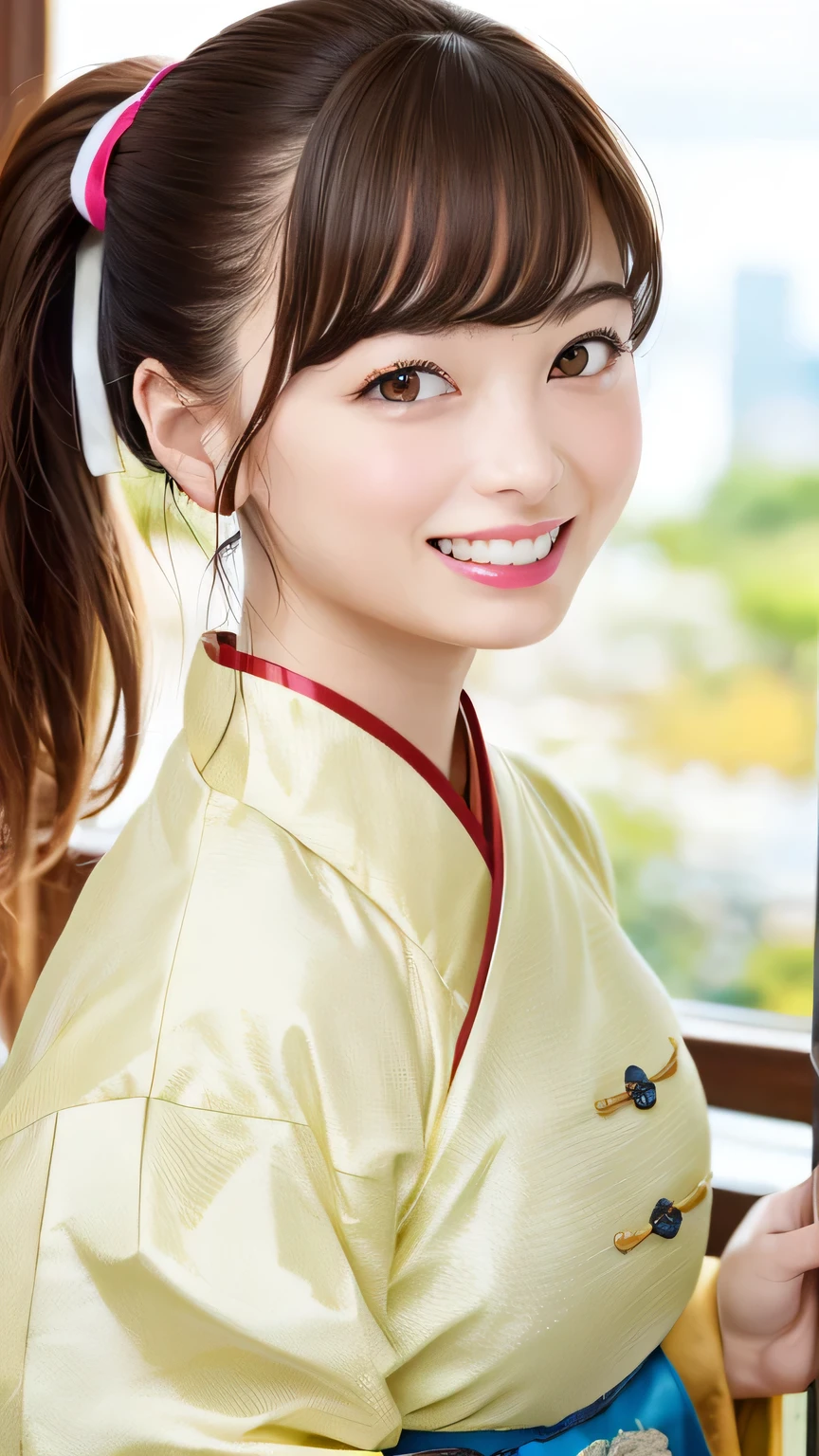 (Highest quality、8K、32k、masterpiece)、(Realistic)、(Realistic:1.2)、(High resolution)、Very detailed、Very beautiful face and eyes、20Adult female 、Round and small face、Tight waist、Delicate body、(Highest quality、Attention to detail、Rich skin detail)、(Realistic、Realistic:1.37)、Bright colors、(((Brown Hair)))、(((Full Body Shot)))、(((Long Hair)))、(((Side Ponytail)))、(((Daytime city background)))、(((smile)))、(((Teeth are visible)))、(((Wearing china clothes)))、、Kanna Hashimoto、China dress