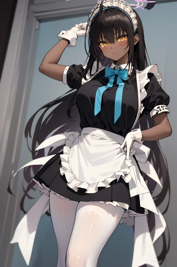 karindef, ((yellow eyes:1.2)), (black hair:1.5),  very long hair, halo, dark skin, 
(((maid,maid apron, frilled apron, apron, maid headdress, white gloves, puffy short sleeves,  blue bowtie, white legwear, ))),(maid:1.3)
1girl, solo, standing
looking at viewer, expressionless,huge breasts