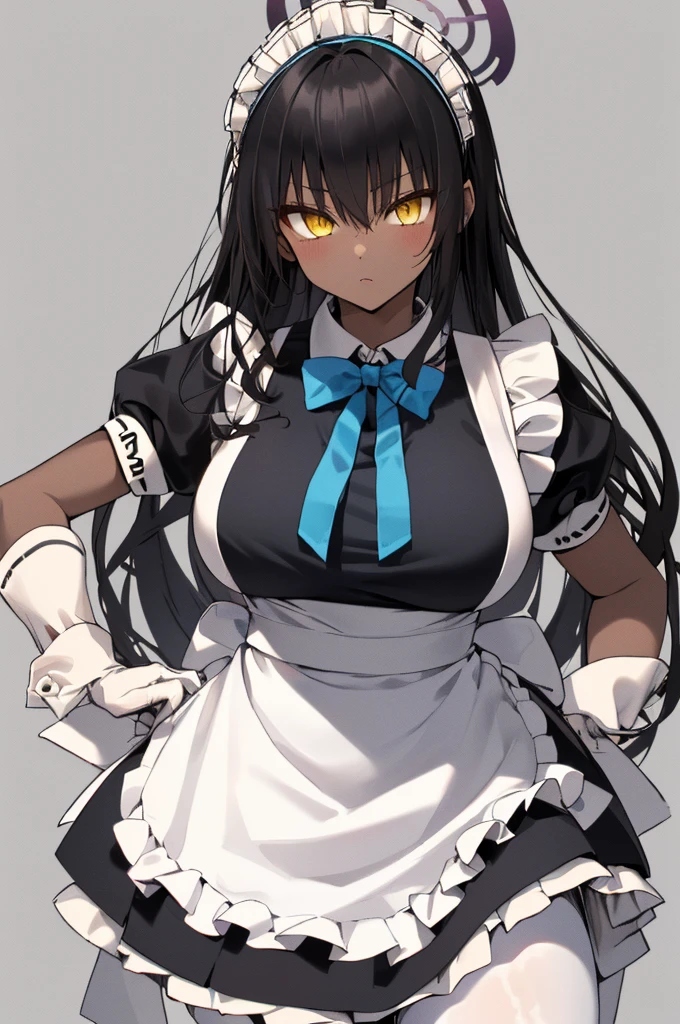 karindef, ((yellow eyes:1.2)), (black hair:1.5),  very long hair, halo, dark skin, 
(((maid,maid apron, frilled apron, apron, maid headdress, white gloves, puffy short sleeves,  blue bowtie, white legwear, ))),(maid:1.3)
1girl, solo, standing
looking at viewer, expressionless,huge breasts