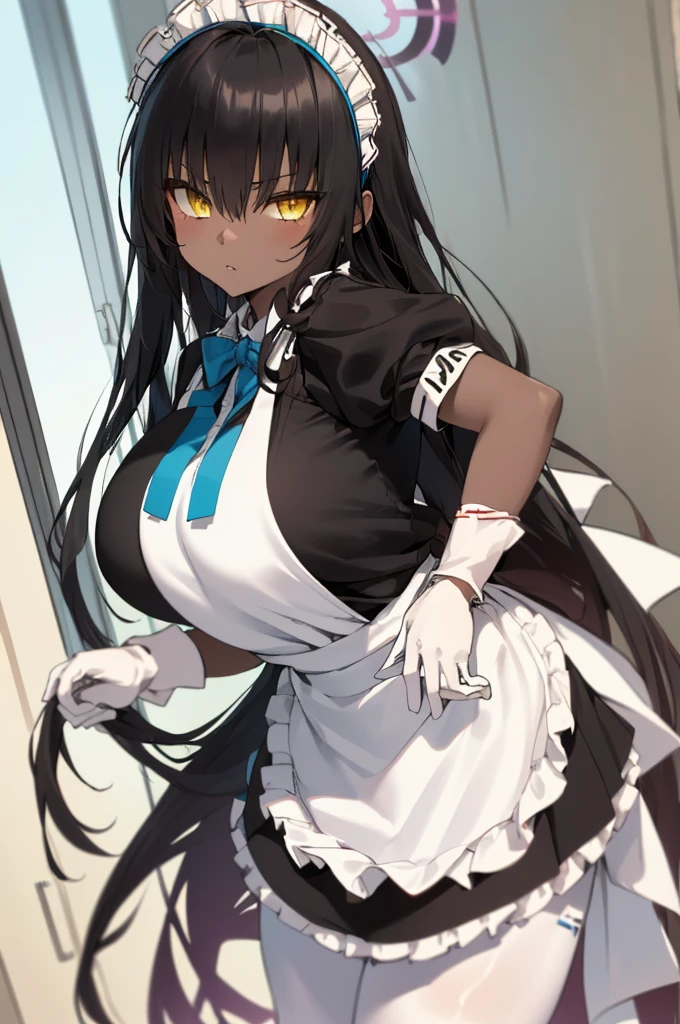 karindef, ((yellow eyes:1.2)), (black hair:1.5),  very long hair, halo, dark skin, 
(((maid,maid apron, frilled apron, apron, maid headdress, white gloves, puffy short sleeves,  blue bowtie, white legwear, ))),(maid:1.3)
1girl, solo, standing
looking at viewer, expressionless,huge breasts