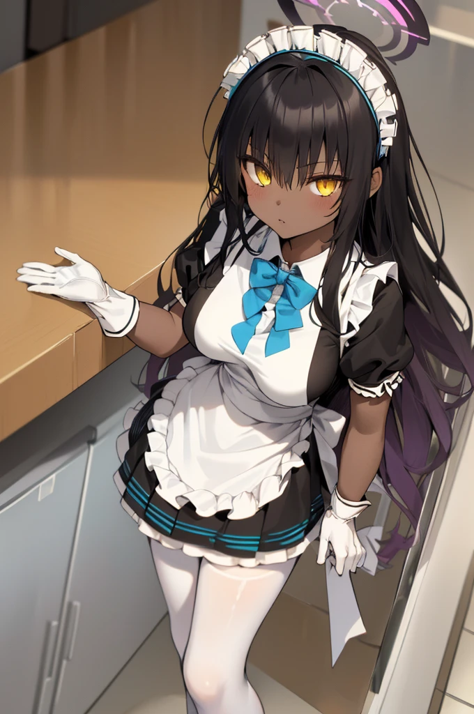 karindef, ((yellow eyes:1.2)), (black hair:1.5),  very long hair, halo, dark skin, 
(((maid,maid apron, frilled apron, apron, maid headdress, white gloves, puffy short sleeves,  blue bowtie, white legwear, ))),(maid:1.3)
1girl, solo, standing
looking at viewer, expressionless,huge breasts