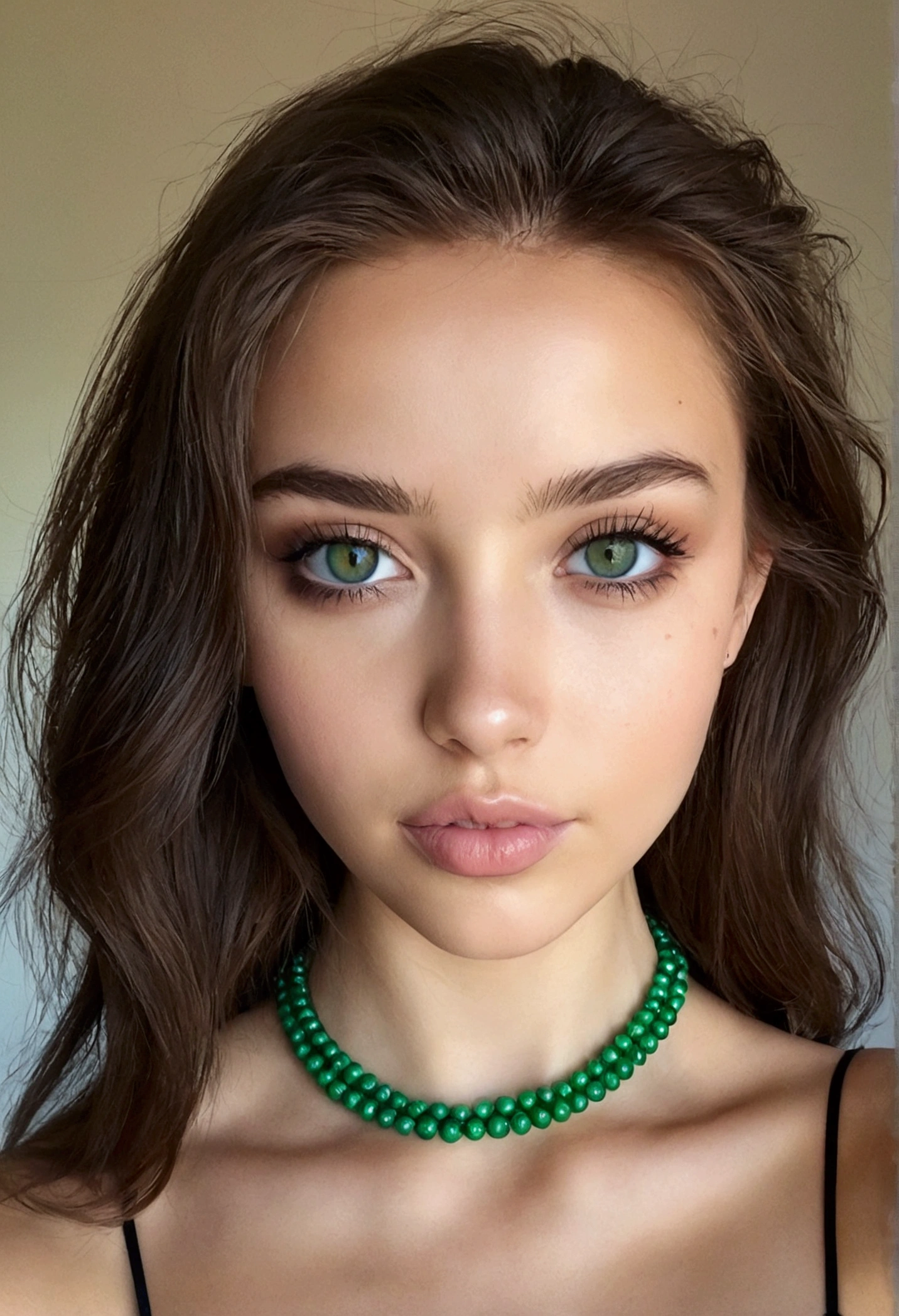 femme arafée avec un débardeur blanc et un collier, fille sexy aux yeux verts, portrait sophie mudd, cheveux bruns et grands yeux, selfie d'une jeune femme, yeux de la chambre, violette myers, sans maquillage, maquillage naturel, regarder directement la caméra, visage avec artgram, maquillage subtil, Superbe photo de tout le corps, yeux verts perçants