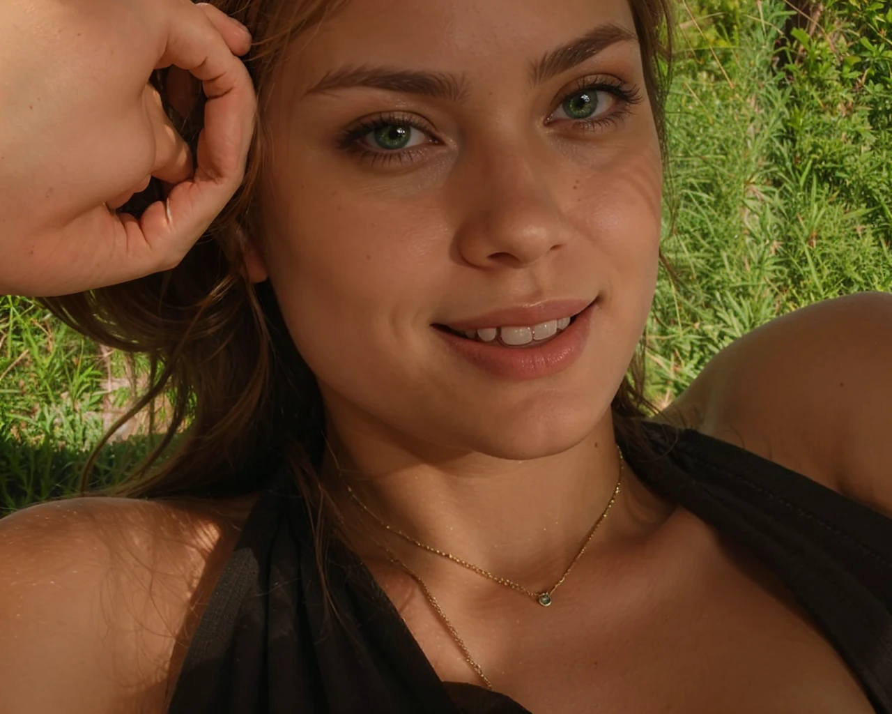 Beautiful blonde woman with very long and messy hair of Spanish origin , with green eyes, smiling, with a pretty face, big tits
