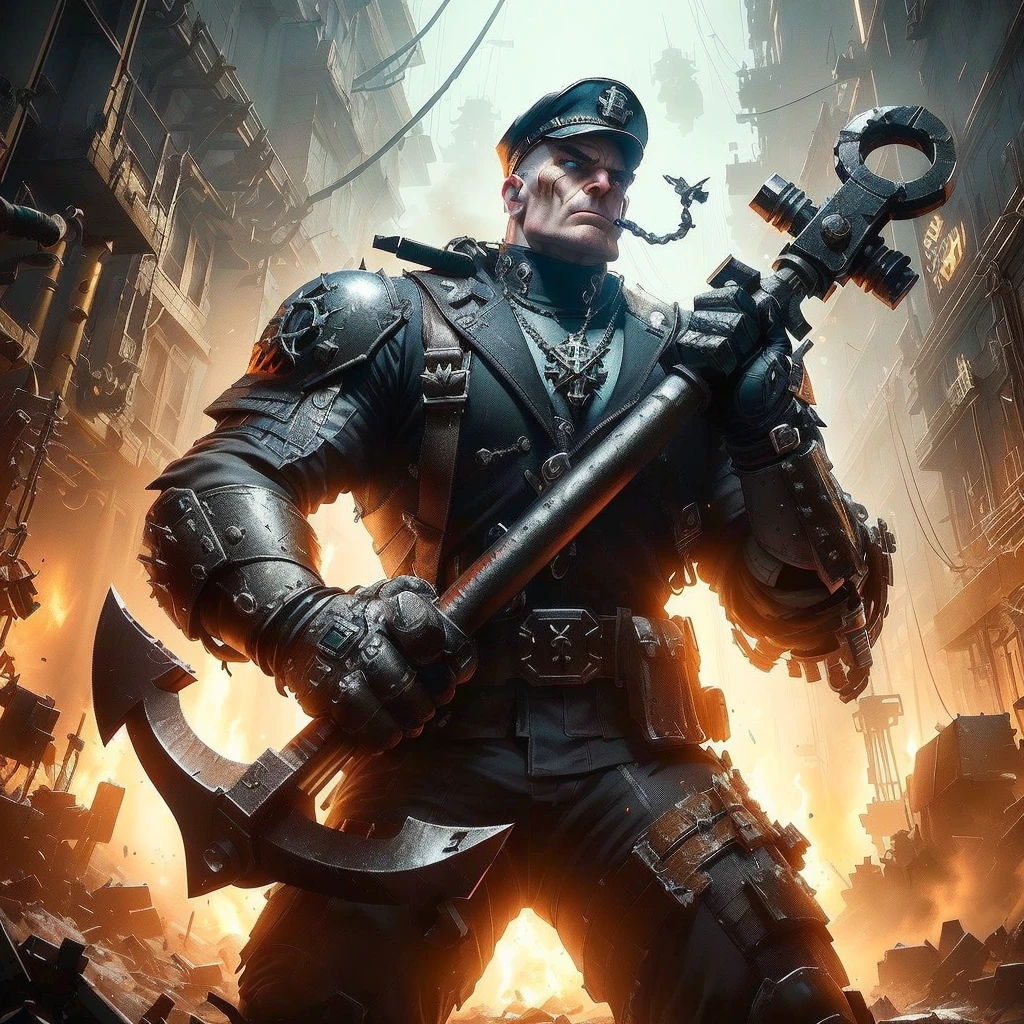 [Popeye]. epic dynamic combative stance, holding an anchor for a weapon , Style-RustMagic and Warhammer elements, Popeye appearance, scratched metal texture, cyberware and chrome implants, depth of field, motion blur effect, dark and moody, fog and smoke, detailed glow and cinematic lighting, intricate details, sharp focus, dark industrial factory with explosions in the background, Unreal Engine 5., title shot, machine noir dieselpunk grimcore, warhammer 40k style, korg from thor as a soldier, warhammer 4 0 k fantasy, concept art like ernest khalimov, style of raymond swanland, symmetrical dieselpunk warrior, dishonored style, by Aleksi Briclot
