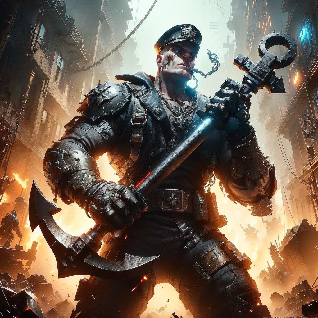 [Popeye]. epic dynamic combative stance, holding an anchor for a weapon , Style-RustMagic and Warhammer elements, Popeye appearance, scratched metal texture, cyberware and chrome implants, depth of field, motion blur effect, dark and moody, fog and smoke, detailed glow and cinematic lighting, intricate details, sharp focus, dark industrial factory with explosions in the background, Unreal Engine 5., title shot, machine noir dieselpunk grimcore, warhammer 40k style, korg from thor as a soldier, warhammer 4 0 k fantasy, concept art like ernest khalimov, style of raymond swanland, symmetrical dieselpunk warrior, dishonored style, by Aleksi Briclot