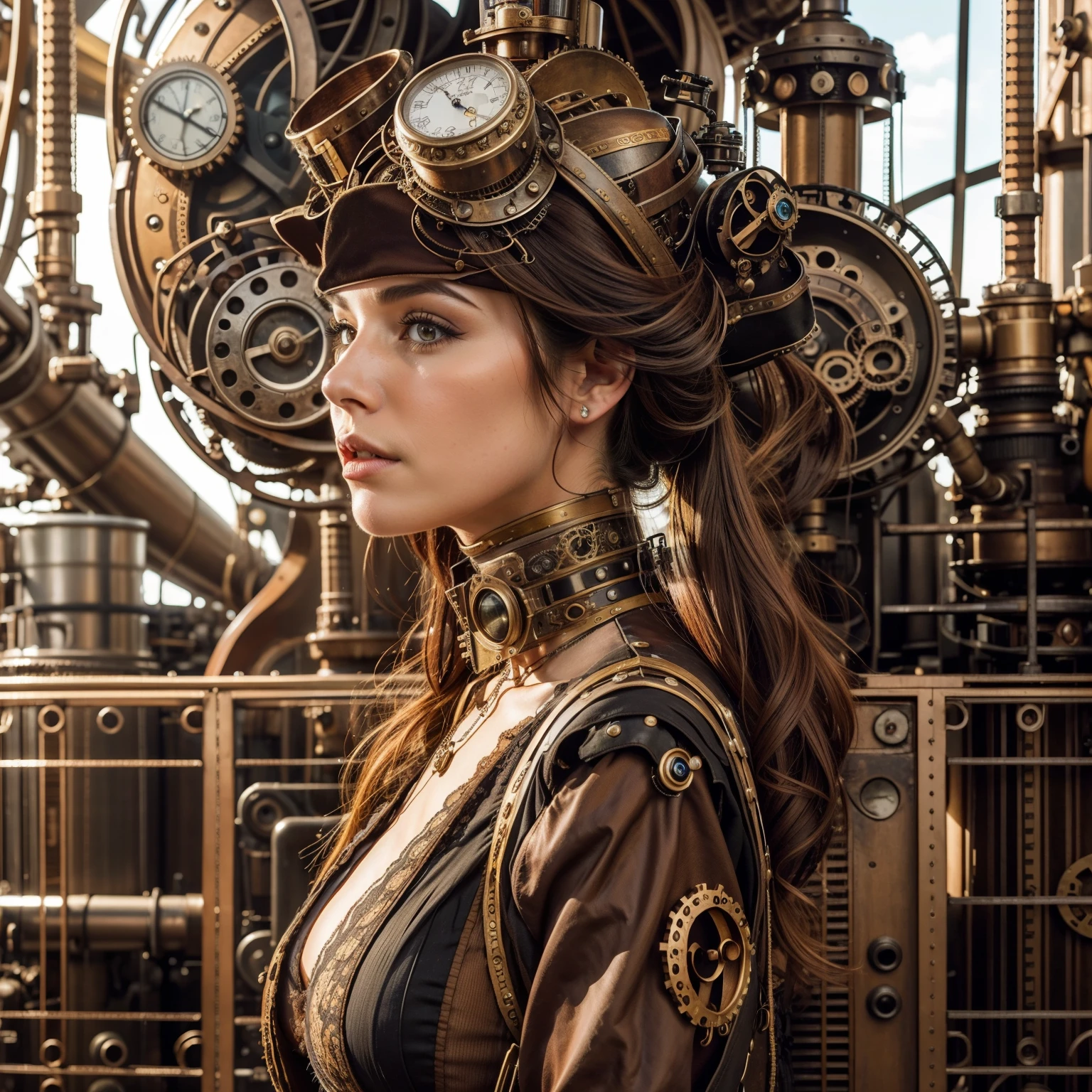 A beautiful steampunk woman with steampunk clothes in the foreground and a huge steampunk machinery mechanical in the background