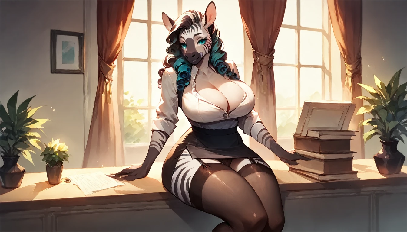 score_9, score_8_up, score_7_up, score_6_up, score_5_up, score_4_up, (solo), female anthro zebra, secretary clothes, skirt, lusty, fluffy body, black long curly hair, turquoise eyes, (thick thighs:1.5)((( offering the breasts))) sex partial clothes, (((cleavage))) semi-butonned uniform niform, (barely_visible_booba) (she is sitting) , giant breasts, garter belt tights , showing her panties