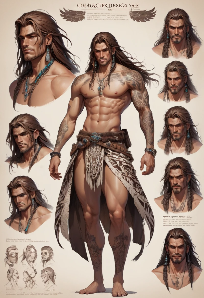 character design sheet by Yliade, best quality, masterpiece, Representative work, official art, Professional, Ultra intricate detailed, 8k, male, with white and brown long hair, tribal tattoo, naked chest, hot dude