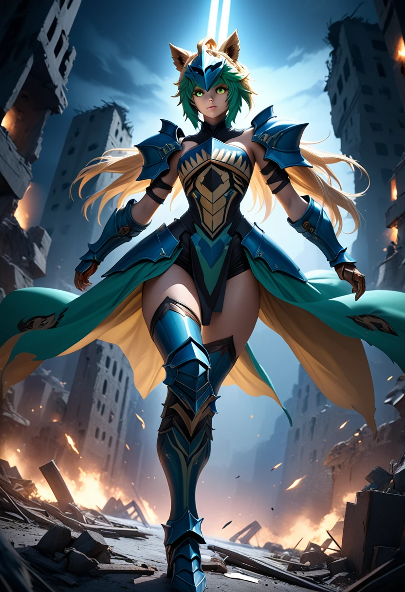 (masterpiece, top quality, best quality, beautiful and aesthetic:1.2), full body, SFW, extremely detailed, detailed eyes, green eyes, detailed hands, cinematic light, depth of field, 1girl, seducing smile, solo, official, (full armored knight:1.4), Atalanta Fate, slim body, cinematic lighting, dramatic lighting, dramatic atmosphere, hyper-realistic, high resolution, stunning contrast, high quality, best quality, 8k, 4k, intricately detailed, (amazing details:1.2), highly detailed skin, powerful presence, vibrant colors, (detailed eyes:1.2), striking eyes, (detailed background), (warzone on background, night, ruins), (dynamic angle:1.2), (dynamic pose:1.2)