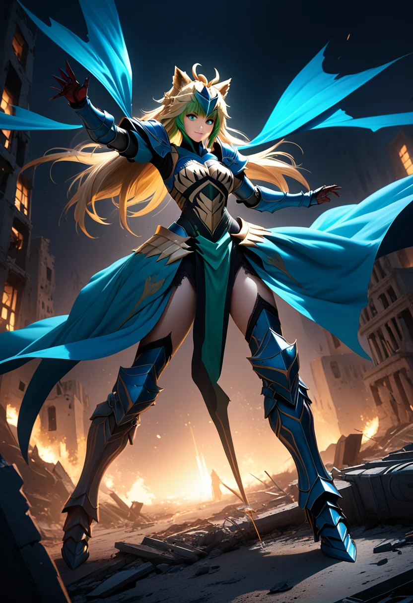 (masterpiece, top quality, best quality, beautiful and aesthetic:1.2), full body, SFW, extremely detailed, detailed eyes, green eyes, detailed hands, cinematic light, depth of field, 1girl, seducing smile, solo, official, (full armored knight:1.4), Atalanta Fate, slim body, cinematic lighting, dramatic lighting, dramatic atmosphere, hyper-realistic, high resolution, stunning contrast, high quality, best quality, 8k, 4k, intricately detailed, (amazing details:1.2), highly detailed skin, powerful presence, vibrant colors, (detailed eyes:1.2), striking eyes, (detailed background), (warzone on background, night, ruins), (dynamic angle:1.2), (dynamic pose:1.2)