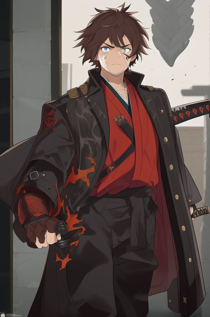 "1boy,solo,short hair,dark red hair,(looking at viewer:1.2),weathered face,stern expression,piercing amber eyes,vigilant,large black coat,gunslinger duster,broad shoulders,mysterious aura,Katana,dragon carvings,small sword,warrior,coat concealing weapons,rugged cowboy,elegant samurai,leather vest,kimono-style shirt,durable pants,high leather boots,fingerless gloves,scarred knuckles,diagonal scar,cheek scar,silent confidence,moody lighting,night,urban and rugged terrain,mercenary,formidable presence,"