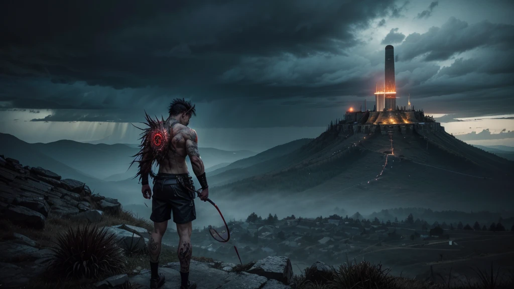 Generate a corrupted man, half demon, on top of a hill, launching a rain of needles filled with blood. The needles are flying through the air, creating a chaotic scenario. The man is only wearing shorts, his body completely covered in intricate tattoos. The scene is dark and dramatic, with dark sky and stormy clouds in the background. The mountain is rocky and inhospitable, adding a sinister tone to the image, being able to see your face, facing the image