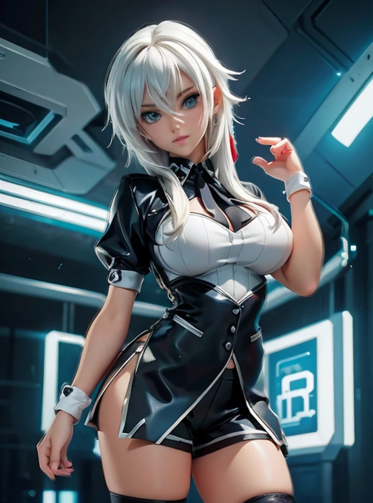 anime - style girl in tight blue pants and a black top, cyberpunk art inspired by Ross Tran, trending on cg society, digital art, tifa lockhart with white hair, ross tran style, anime girl cosplay, photorealistic anime girl render, 2b, 2 b, hyper realistic anime, extremely detailed artgerm, in the style of ross tran