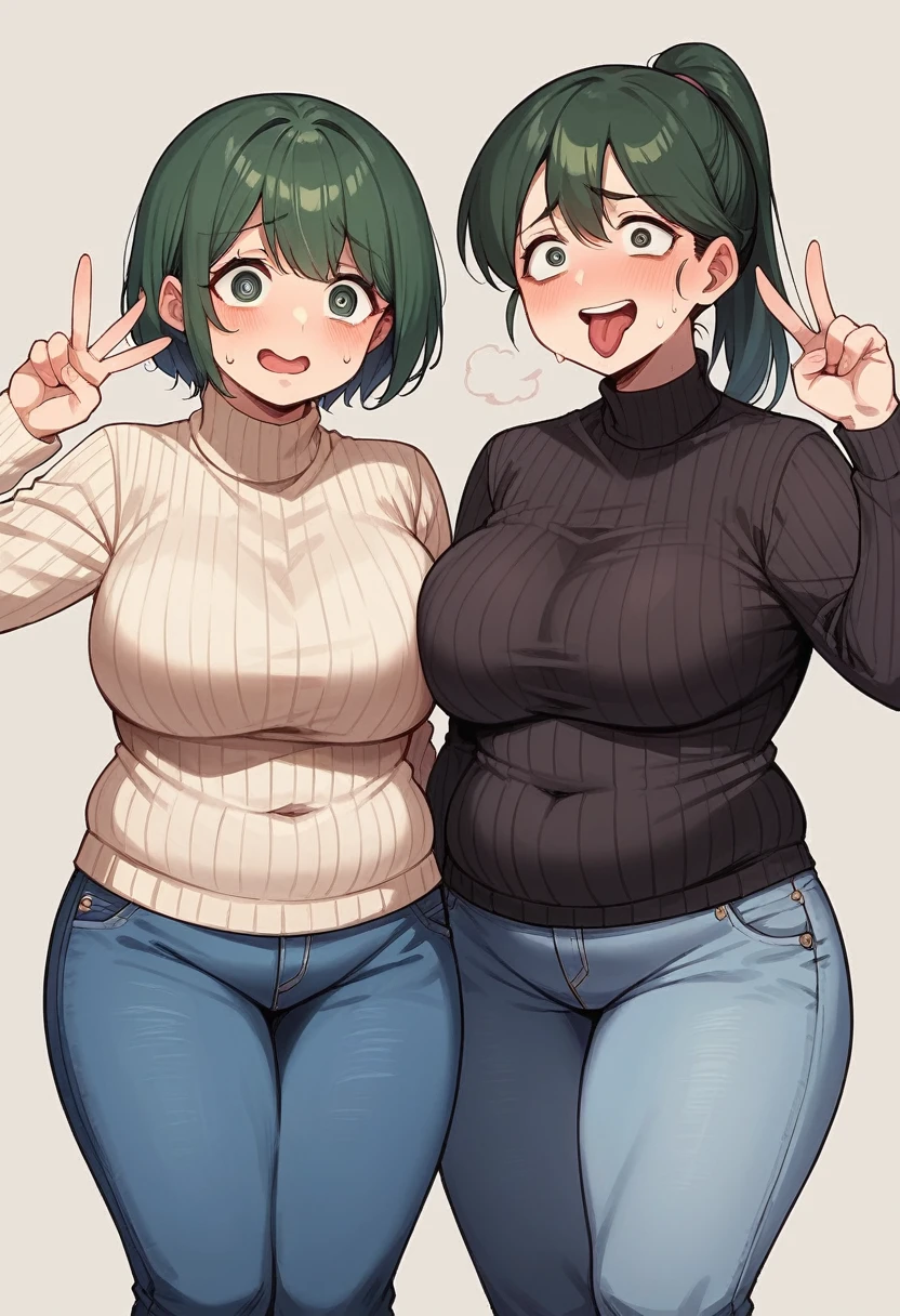 Anime Screenshot, chubby, 2 girls, milf, shy, pudgy face, large round eyes, dark green hair, ponytail, sweater, peace signs, sticking tongue out of mouth, sweating, nervous smile, slightly open mouth, huffing breath, wearing jeans, lifting up sweater, embarrased