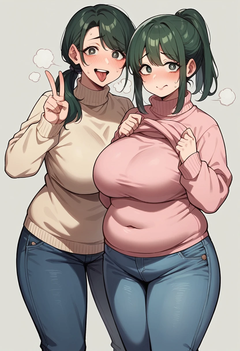 Anime Screenshot, chubby, 2 girls, milf, shy, pudgy face, large round eyes, dark green hair, ponytail, sweater, peace signs, sticking tongue out of mouth, sweating, nervous smile, slightly open mouth, huffing breath, wearing jeans, lifting up sweater, embarrased