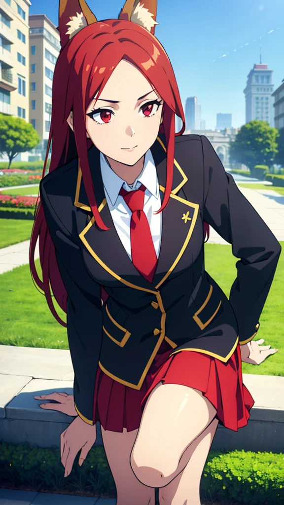 ((beautiful face)),1girl ,20s,mature female,(red hair),long hair,red eyes,fox ears,(garden,blue sky,city),necktie,black jacket, blazer,long sleeves,pleated skirt,dynamic angle