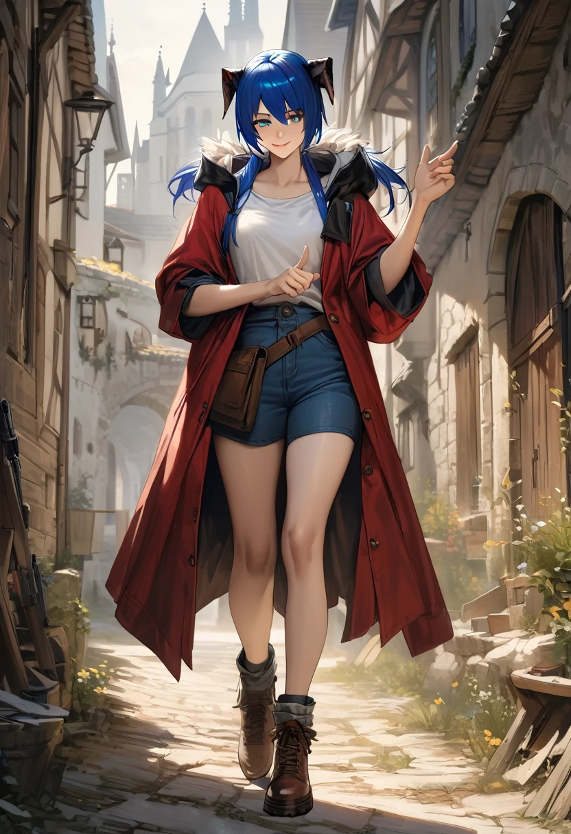 (woman), ((Mostima from arknights)), masterpiece, best quality, ((Blue short pony tails)), horns, medieval plain white shirt, red fullbody coat, black hood, dark blue eyes, realistic anime style, smile, gun with fingers.