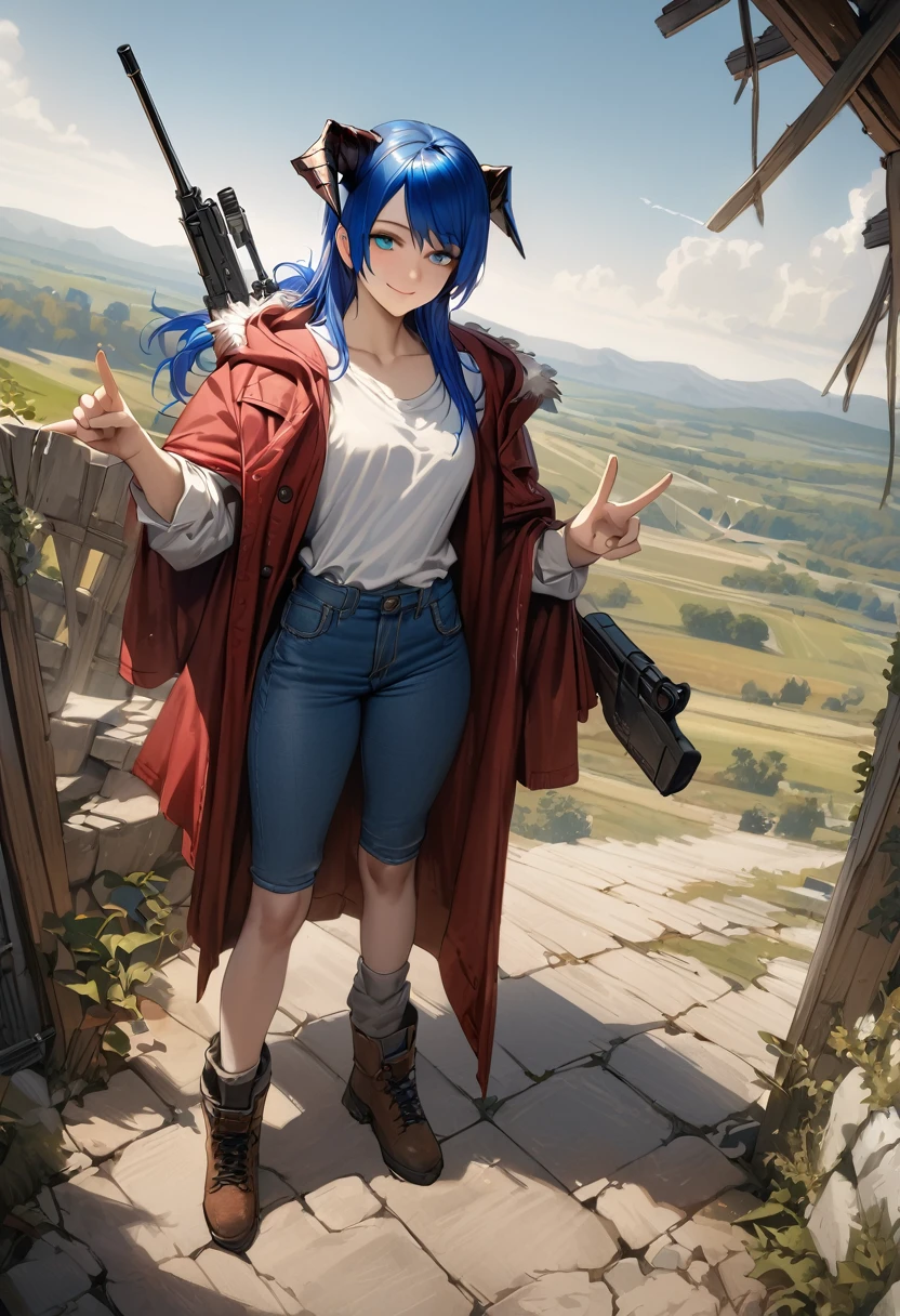 (woman), ((Mostima from arknights)), masterpiece, best quality, ((Blue short pony tails)), horns, medieval plain white shirt, red fullbody coat, black hood, dark blue eyes, realistic anime style, smile, gun with fingers.