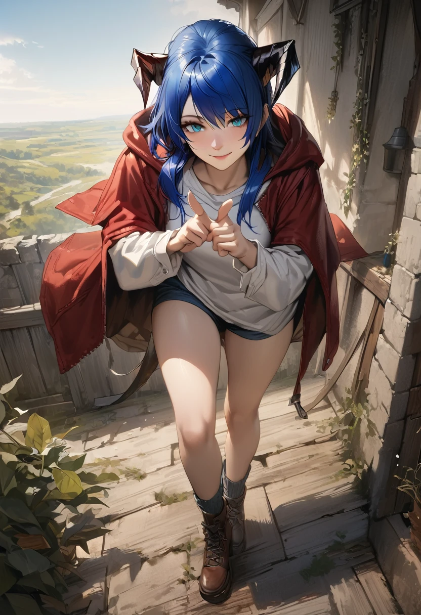 (woman), ((Mostima from arknights)), masterpiece, best quality, ((Blue short pony tails)), horns, medieval plain white shirt, red fullbody coat, black hood, dark blue eyes, realistic anime style, smile, gun with fingers.
