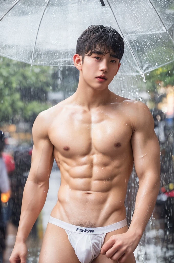 (highly detailed body, best quality:1.2) 1boy, 25 year old men, white jockstrap, handsome, bangs hairstyle hair, wet body, outdoor, rain day, rain, on street in the city, (flirting with camera).