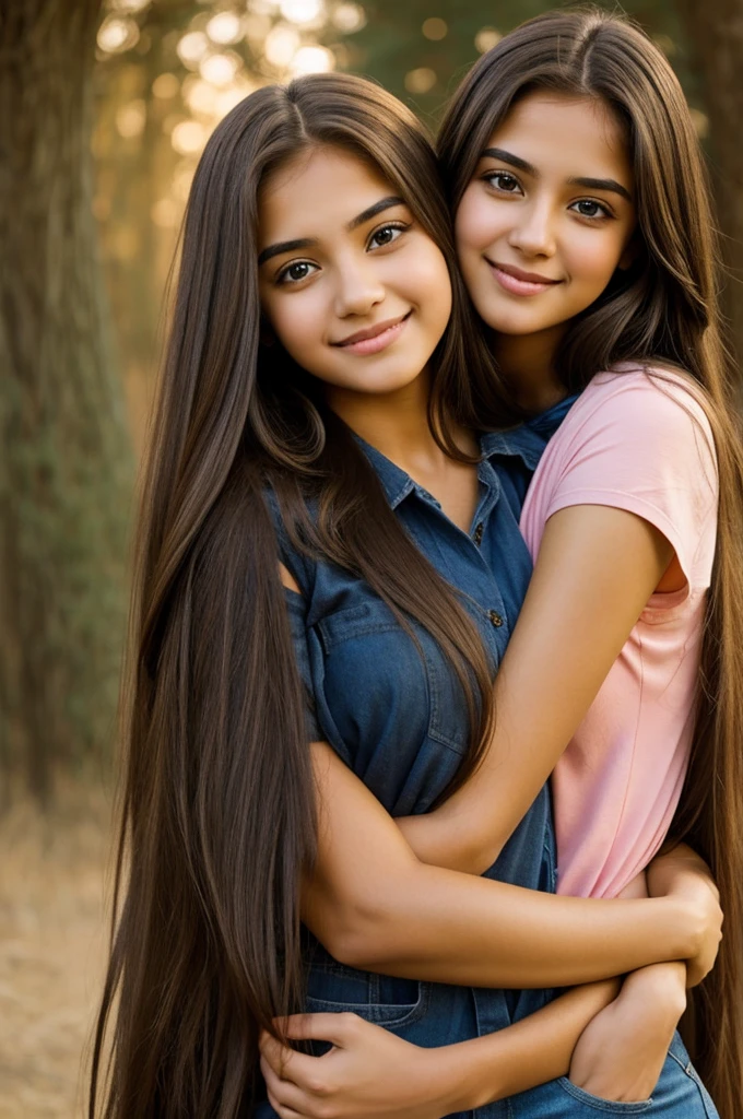 Young pretty girl with long hair and big brown eyes hugged by Jesus 
