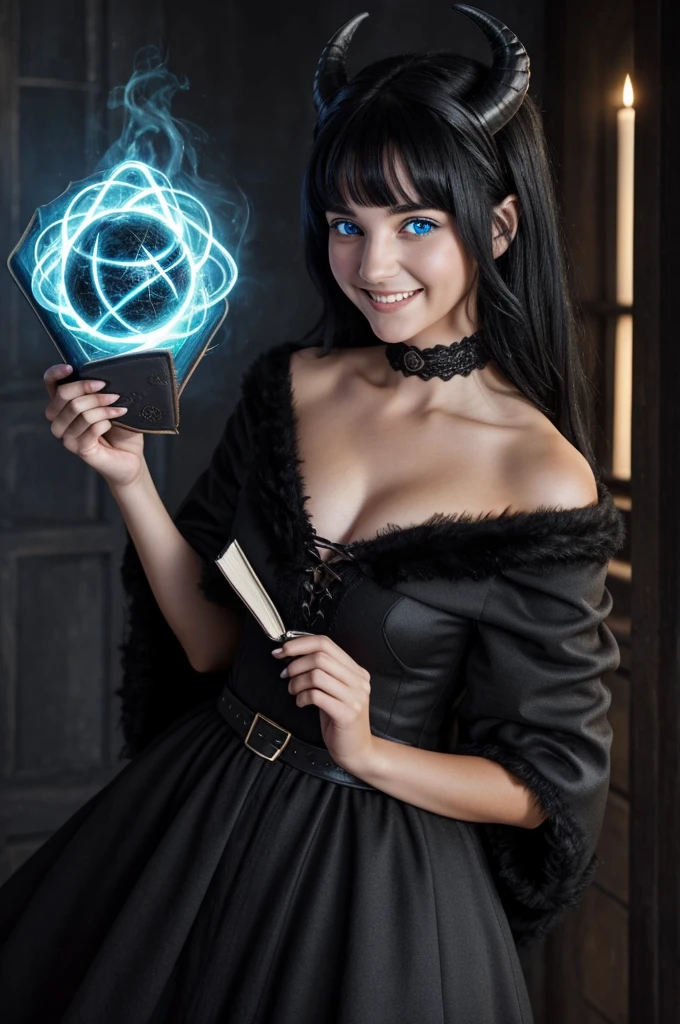 A girl with fluffy black hair that is shoulder length and large grey sheep horns. She is holding a spell book and wearing a black dress. Her eyes and glowing blue. She has an insane smile.