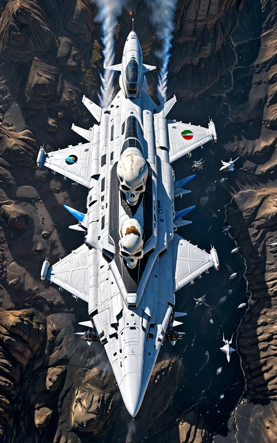 High definition, extreme detail, HDR, Masterpiece, 2K, high definition, extreme resolution, Aliens movie ship, (drop ship:2.0), black, white skull painting on body of the ship, mexican flag sticker on rear wing, falling full speed from orbit to earth, space background, 