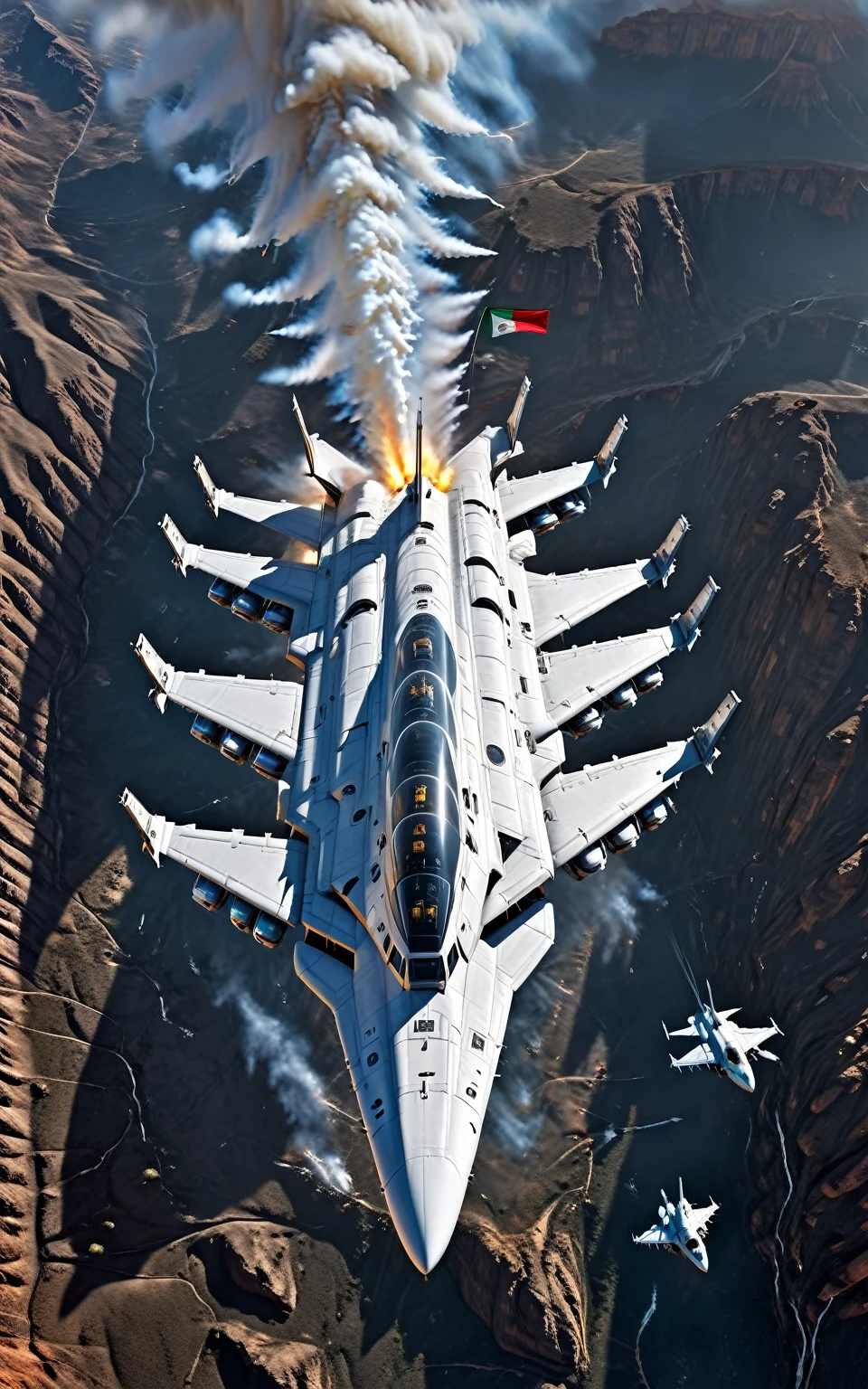 High definition, extreme detail, HDR, Masterpiece, 2K, high definition, extreme resolution, Aliens movie ship, (drop ship:2.0), black, white skull painting on body of the ship, mexican flag sticker on rear wing, falling full speed from orbit to earth, space background, 