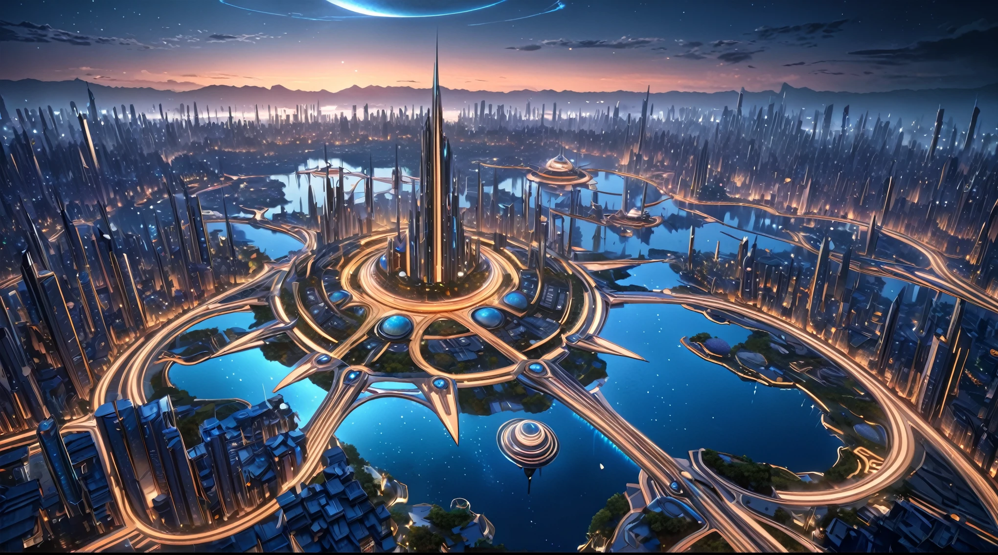 masterpiece, best quality, good quality, Fantasy aesthetics, Highly detailed, beautiful landscape, Futuristic fantasy city, metropolitan, background only, no other being (human etc), very detailed CG unified 8k wallpaper), clay texture, clean background, natural light, best quality, ultra detail, night time