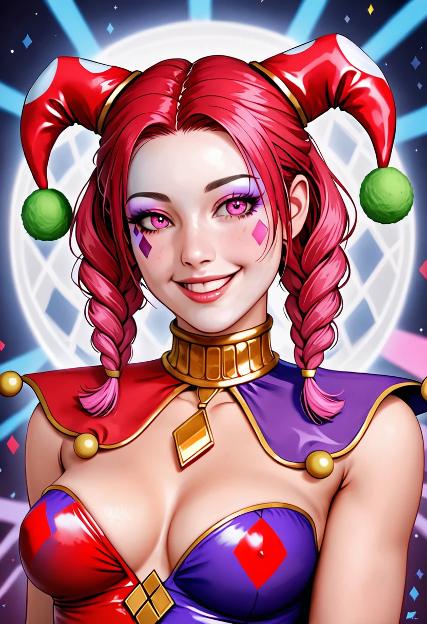Anime style, source_anime, ((medium round breasts)), (1 Girl), ((random color hair: 5.2, hair with two side braids)))), pink eyes, double eyelids, light effect in the eyes, wide hips, naughty smile, ((hourglass hot perfect sexy robust body)), solo, best quality, masterpiece, portrait, flirting with viewer, sensual pose, detailed, perfect anatomy, detailed art, high definition, 4k , high resolution, ((sexy court jester pomni cosplay)),