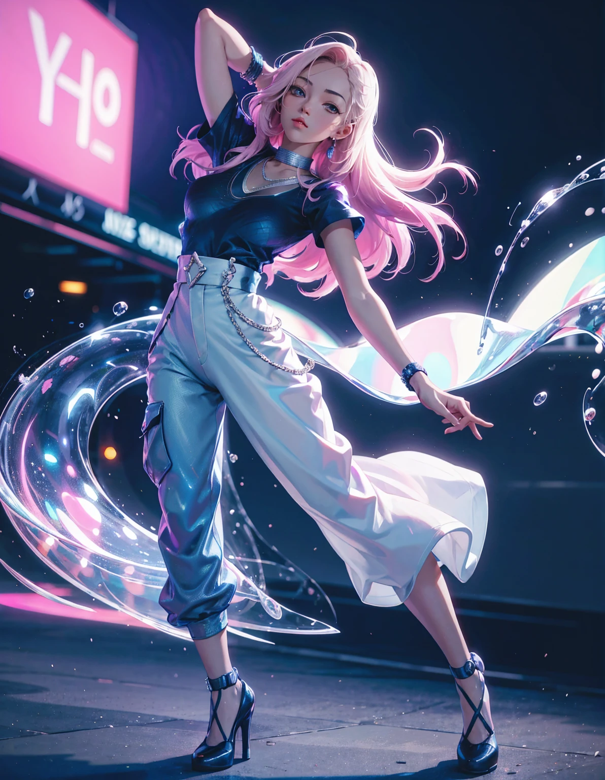 dynamic dancing moves with full of energy and movement, jumping high, full body portrait, happy expression, Japanese festival, with lively action poses, Positive Space, asymmetry, dynamic angle, A detailed illustration of an anime girl with blue eyes wearing a black kimono with Japanese patterns, wearing white cloak white shorts, black tube-top, She has white long hair tied back by a flower hair ornament, with colorful deep blue, black, pink, gold and white colors, surrounded by hexagons with various patterns and textures, Japanese Ancient bridge, happy expression, A black and white checkered pattern background surrounded by hexagons with various patterns in background, floral designs, and geometric shapes, In the background there are some sakura trees., cartoon character design, this is a full body portrait in vibrant colors, colorful illustrations, highly detailed, high resolution, in the style of digital painting, natural lighting, --ar 5:7 --niji 6