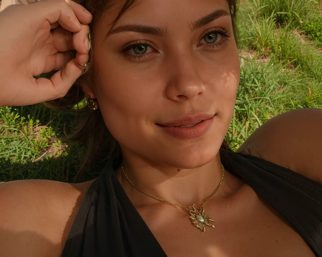 Beautiful blonde woman with very long and messy hair of Spanish origin , with green eyes, smiling, with a pretty face, big tits