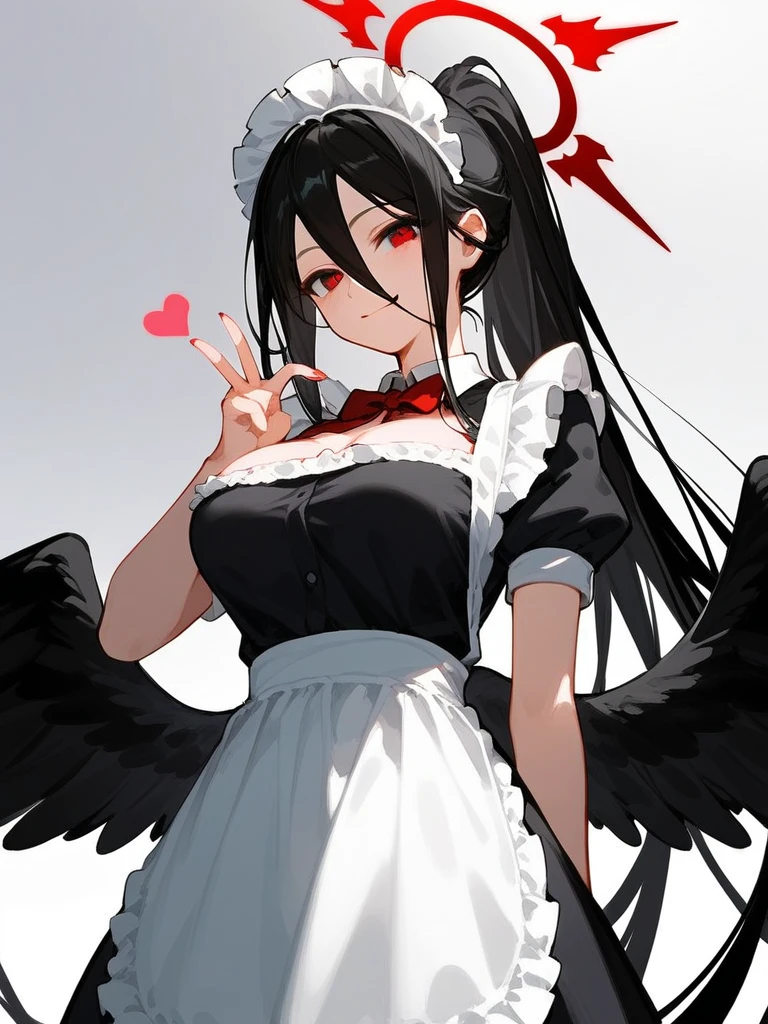 "anime girl, 1 person, black hair, shoulder length hair, red eyes, glasses, white horns, maid outfit, lolita maid, big breasts, stockings, licking lips, small black wings on her back, solo,  frontal view, (full HD 4K+ image)"