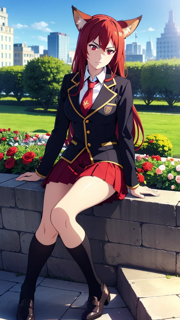 ((beautiful face)),1girl ,20s,mature female,(red hair),long hair,red eyes,fox ears,(garden,blue sky,city),serious,necktie,black jacket, blazer,long sleeves,pleated skirt,dynamic angle,from back,looking ai view