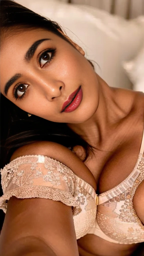 Extreme close up photo of 30 years old pooja hegde, in bed, lace lingerie, selfie style