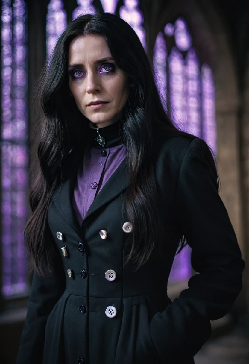 Cinematic film still of a photogenic adult woman, beautiful, black extra long hair , purple eyes, wearing a black dress, wearing high-collar overcoat with mother-of-pearl buttons , (pants), high quality, best quality, high resolution, 8K, ring lighting, obscure, Hogwarts Severo Snape setting. Shallow depth of field, vignette, highly detailed, high budget, bokeh, cinemascope, moody, epic, wonderful, film grain, grainy.