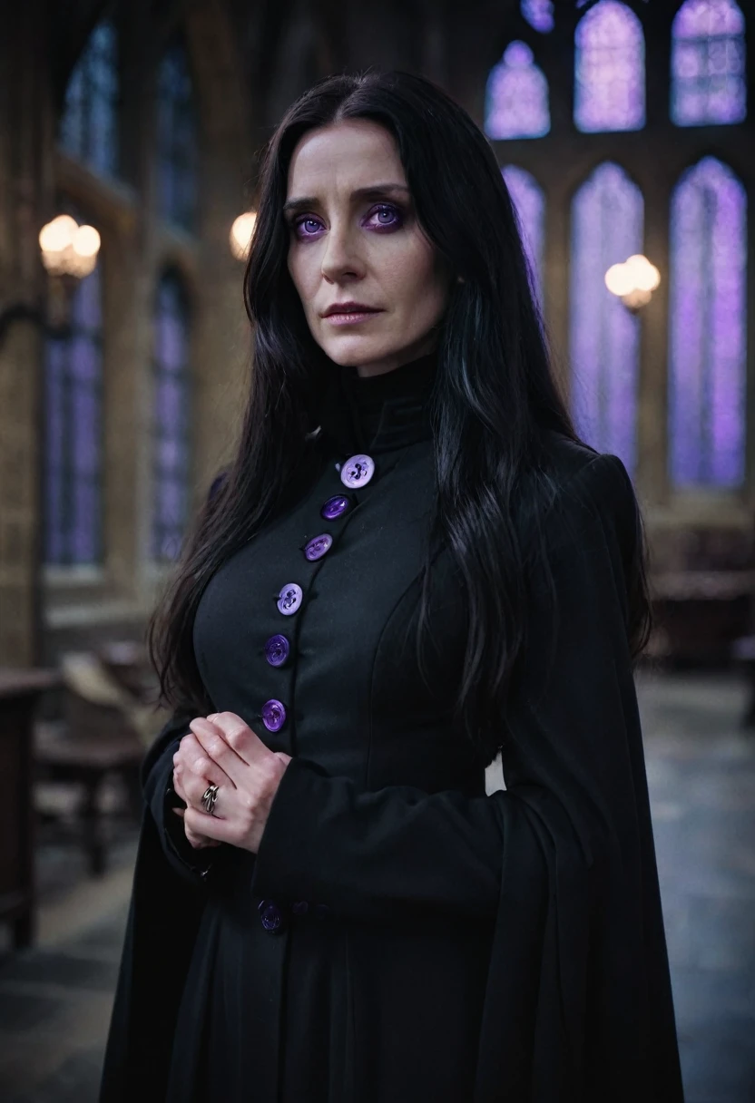 Cinematic film still of a photogenic adult woman, beautiful, black extra long hair , purple eyes, wearing a black dress, wearing high-collar overcoat with mother-of-pearl buttons , (pants), high quality, best quality, high resolution, 8K, ring lighting, obscure, Hogwarts Severo Snape setting. Shallow depth of field, vignette, highly detailed, high budget, bokeh, cinemascope, moody, epic, wonderful, film grain, grainy.