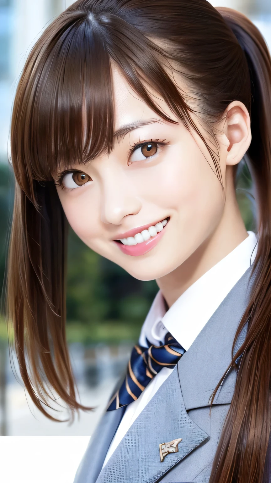 (Highest quality、8K、32k、masterpiece)、(Realistic)、(Realistic:1.2)、(High resolution)、Very detailed、Very beautiful face and eyes、20Adult female years old、Round and small face、Tight waist、Delicate body、(Highest quality、Attention to detail、Rich skin detail)、(Realistic、Realistic:1.37)、Bright colors、(((Brown Hair)))、(((Full Body Shot)))、(((Long Hair)))、(((Side Ponytail)))、(((Daytime city background)))、(((smile)))、(((Teeth are visible)))、(((Wear a women's suit)))、、Kanna Hashimoto、 Office Lady、 OL、Tight skirt