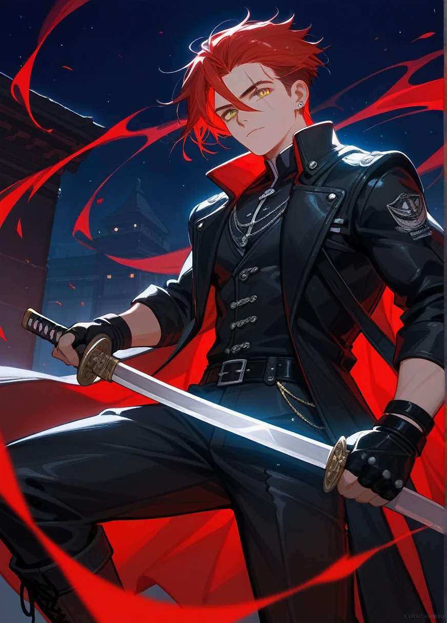 "1boy,solo,short hair,dark red hair,(looking at viewer:1.2),weathered face,stern expression,piercing amber eyes,vigilant,large black coat,gunslinger duster,broad shoulders,mysterious aura,Katana,dragon carvings,small sword,warrior,coat concealing weapons,rugged cowboy,elegant samurai,leather vest,kimono-style shirt,durable pants,high leather boots,fingerless gloves,scarred knuckles,diagonal scar,cheek scar,silent confidence,moody lighting,night,urban and rugged terrain,mercenary,formidable presence,"