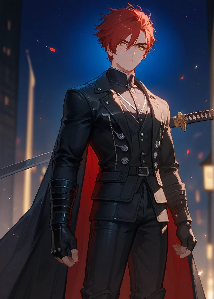 "1boy,solo,short hair,dark red hair,(looking at viewer:1.2),weathered face,stern expression,piercing amber eyes,vigilant,large black coat,gunslinger duster,broad shoulders,mysterious aura,Katana,dragon carvings,small sword,warrior,coat concealing weapons,rugged cowboy,elegant samurai,leather vest,kimono-style shirt,durable pants,high leather boots,fingerless gloves,scarred knuckles,diagonal scar,cheek scar,silent confidence,moody lighting,night,urban and rugged terrain,mercenary,formidable presence,"