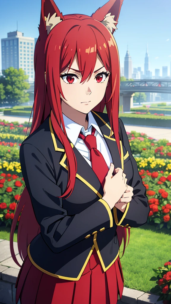 ((beautiful face)),1girl ,20s,mature female,(red hair),long hair,red eyes,fox ears,(garden,blue sky,city),serious,necktie,black jacket, blazer,long sleeves,pleated skirt,dynamic angle