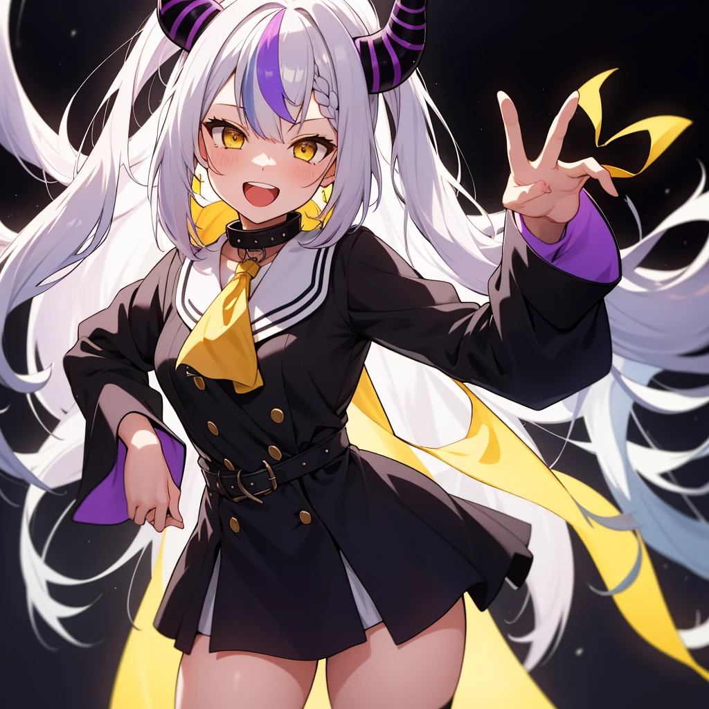 2d, masterpiece, best quality, anime, highly detailed eyes, highly detailed face, cowboy shot, feet out of frame, 1 girl, solo, standing, studio background, black background, la+ darknesss, laplus, hololive, virtual youtuber, horns, (collar), yellow eyes, yellow ascot, purple dress, (long sleeves), (sleeves past fingers), white hair, streaked hair, smile, open mouth