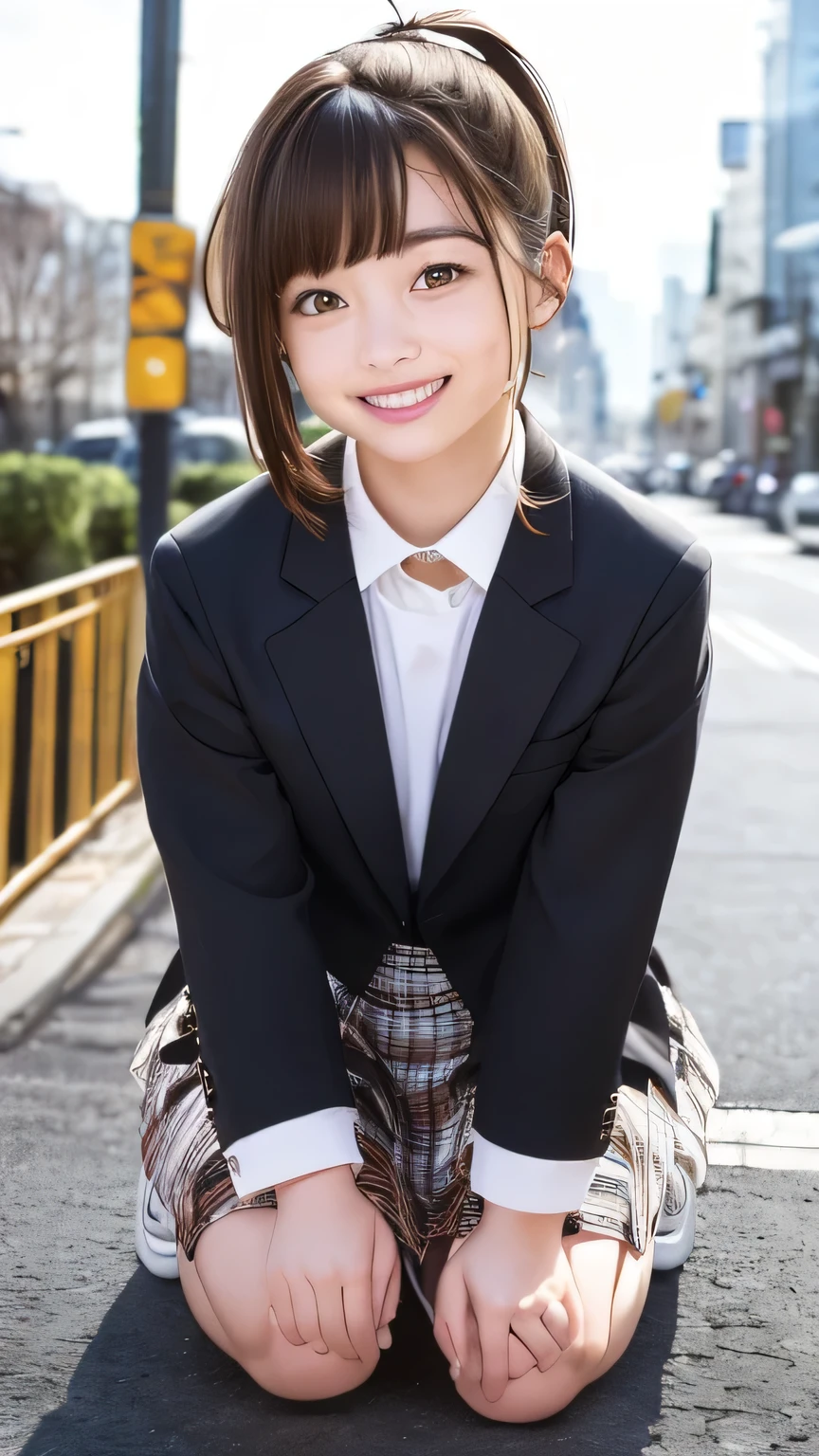 (Highest quality、8K、32k、masterpiece)、(Realistic)、(Realistic:1.2)、(High resolution)、Very detailed、Very beautiful face and eyes、２０Adult female 、Round and small face、Tight waist、Delicate body、(Highest quality、Attention to detail、Rich skin detail)、(Realistic、Realistic:1.37)、Bright colors、(((Brown Hair)))、(((Full Body Shot)))、(((Long Hair)))、(((Side Ponytail)))、(((Daytime city background)))、(((smile)))、(((Teeth are visible)))、(((Wear a women's suit)))、、Kanna Hashimoto、 Office Lady、 OL、Tight skirt