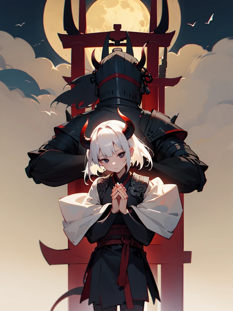 Demon, black eyes, horns, short white hair, black armor, torii gate, man, full moon, hands together in prayer