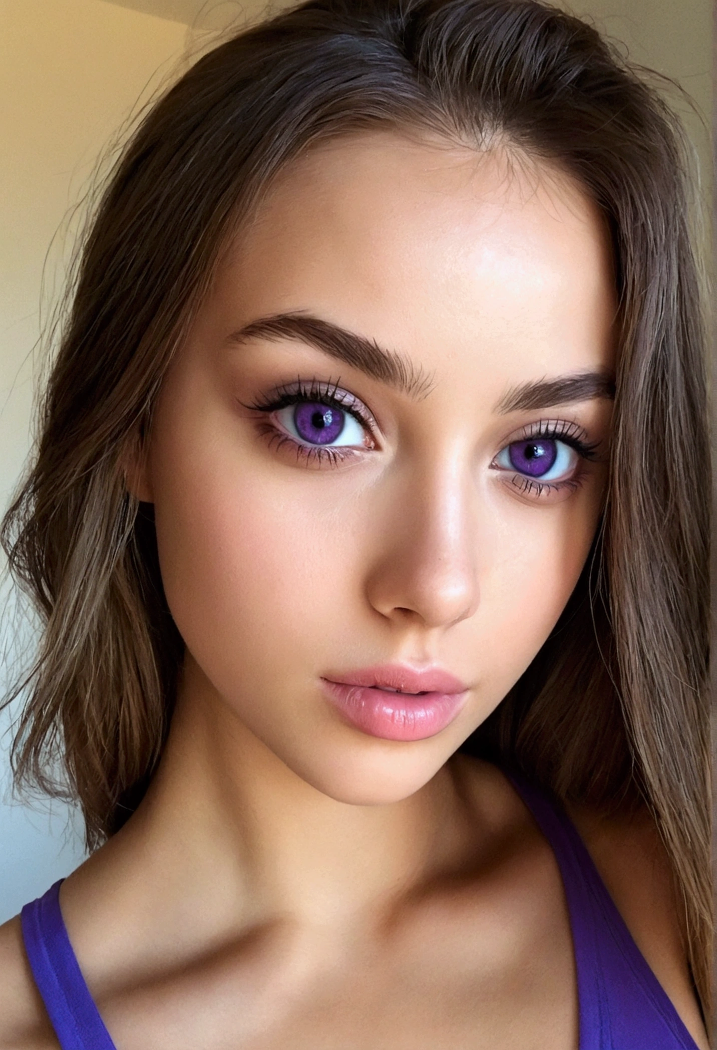 femme arafed avec débardeur et culotte assortis, fille sexy mais pas trop aux yeux bruns, portrait sophie mudd, cheveux bruns et grands yeux, selfie d&#39;une jeune femme, Yeux de chambre, violette myers, sans maquillage, Maquillage naturel, regarder directement la caméra, Visage avec Artgram, Maquillage subtil, Superbe photo du visage, dans la chambre, clivage