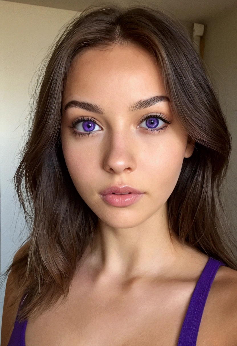 femme arafed avec débardeur et culotte assortis, fille sexy mais pas trop aux yeux bruns, portrait sophie mudd, cheveux bruns et grands yeux, selfie d&#39;une jeune femme, Yeux de chambre, violette myers, sans maquillage, Maquillage naturel, regarder directement la caméra, Visage avec Artgram, Maquillage subtil, Superbe photo du visage, dans la chambre, clivage