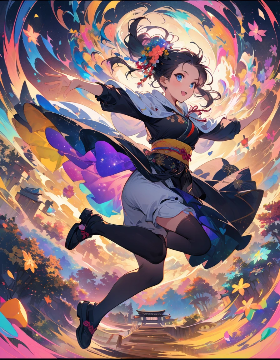 dynamic dancing moves with full of energy and movement, jumping high, full body portrait, happy expression, Japanese festival, with lively action poses, Positive Space, asymmetry, dynamic angle, A detailed illustration of an anime girl with blue eyes wearing a black kimono with Japanese patterns, wearing white cloak white shorts, black tube-top, She has white long hair tied back by a flower hair ornament, with colorful deep blue, black, pink, gold and white colors, surrounded by hexagons with various patterns and textures, Japanese Ancient bridge, happy expression, A black and white checkered pattern background surrounded by hexagons with various patterns in background, floral designs, and geometric shapes, In the background there are some sakura trees., cartoon character design, this is a full body portrait in vibrant colors, colorful illustrations, highly detailed, high resolution, in the style of digital painting, natural lighting, --ar 5:7 --niji 6