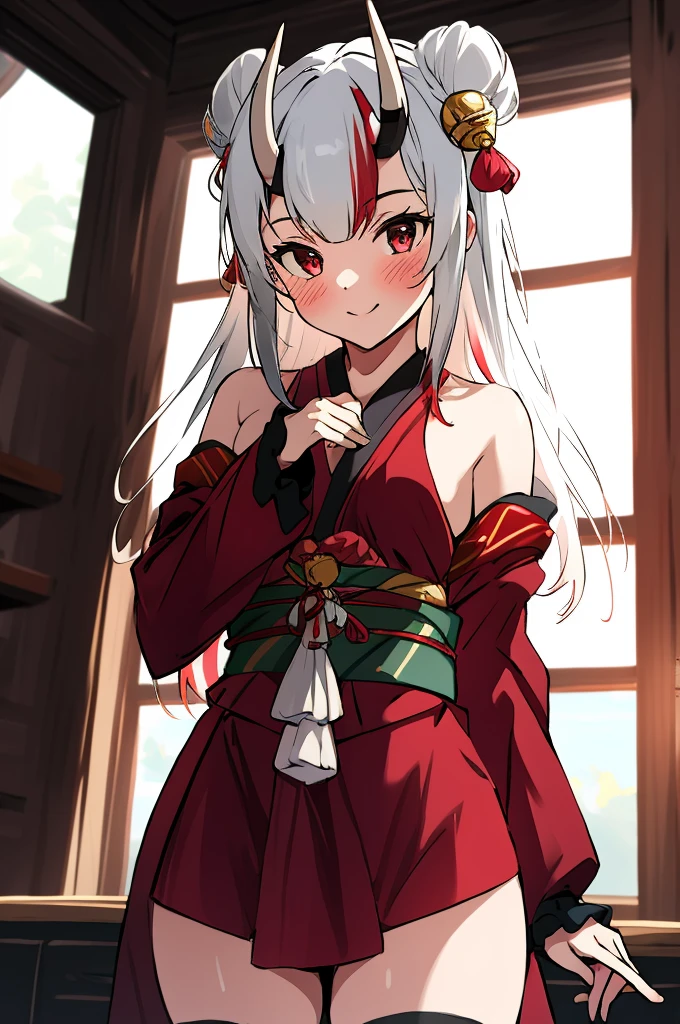 masterpiece, best quality, absurdres, perfect anatomy, 1girl, solo, Nakiri Ayame, long hair, double bun, AyameBase, black kimono, hair bell, obi, white thighhighs, bare shoulders, sleeveless, oni mask, mask on head, grin,(sweating),blush,my room,thigh,armpit,looking viewer,nsfw,(((trembling))),squatting,open legs,spread legs,close up,leaning forward