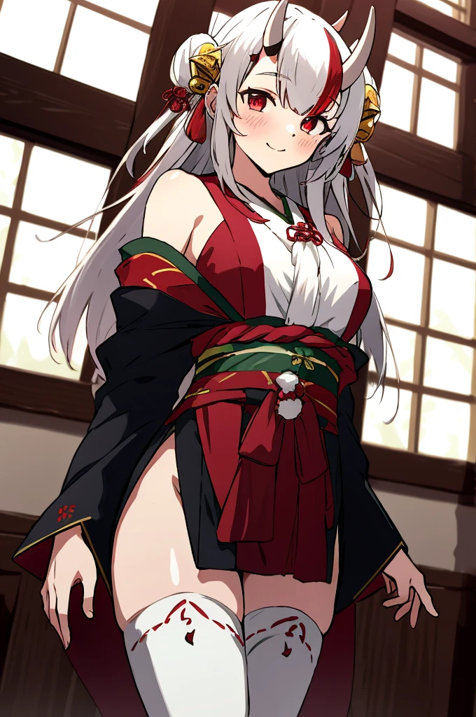 sfw, masterpiece, best quality, absurdres, perfect anatomy, cowboy shot, looking at viewer, 8k, realistic lighting,
Ayame, horns, oni, red eyes, long hair, multicolored hair, white hair, red streaks, two side up, double bun, red rope, smile, blush, breasts,
indoors, black kimono, gold trimmed kimono, bate shoulders, hair ornament, jingle bell, long sleeves, mask on head, thighhighs