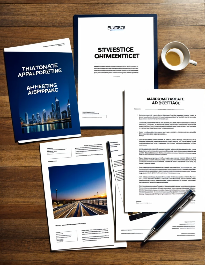 A photograph of four items used: strategic document, advertising campaign, future, market